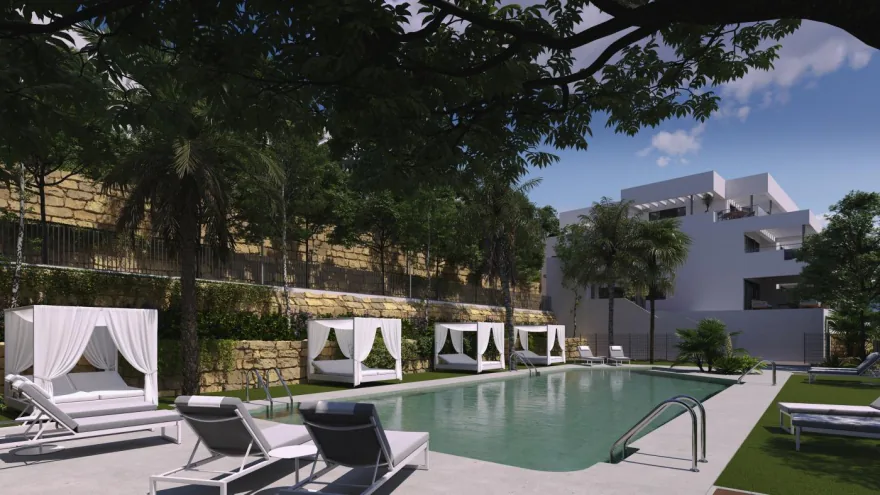 Infografía de la piscina con camas balinesas de la promoción de Finca Cortesín, en Casares