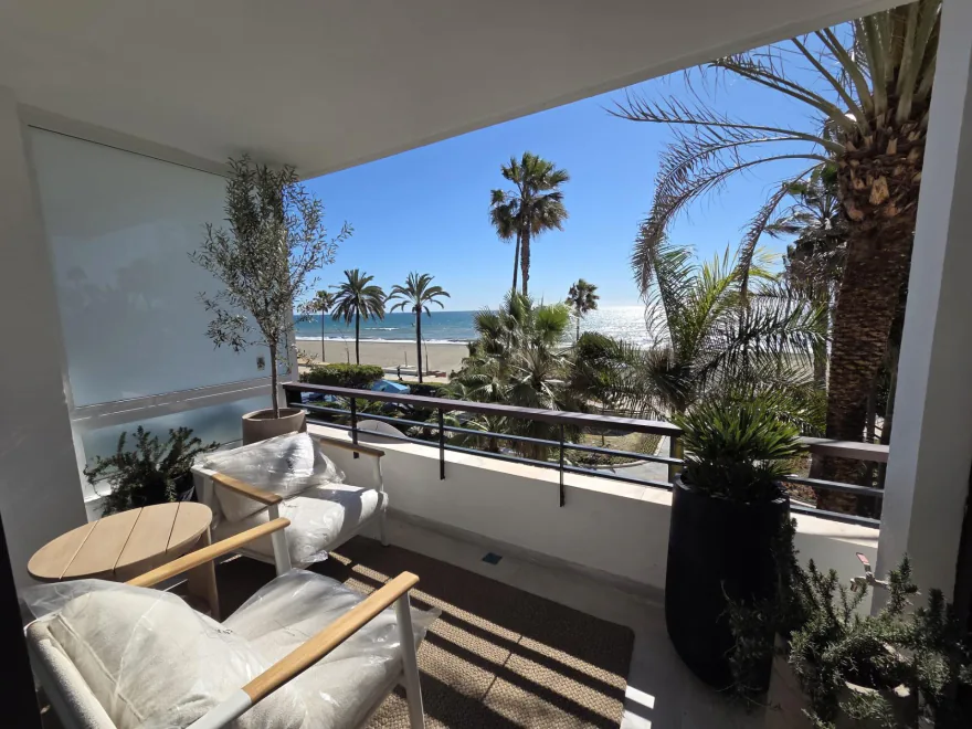 Terraza en primera línea con sofás, las palmeras del paseo marítimo y el mar al fondo